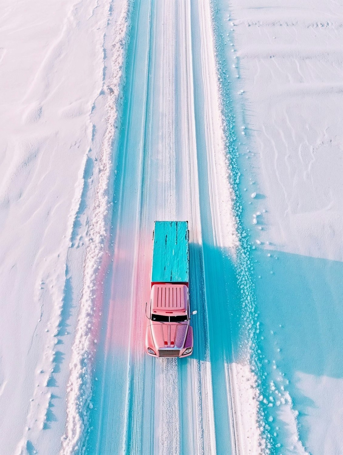 Aerial view of a truck hauling a trailer along a long, straight highway